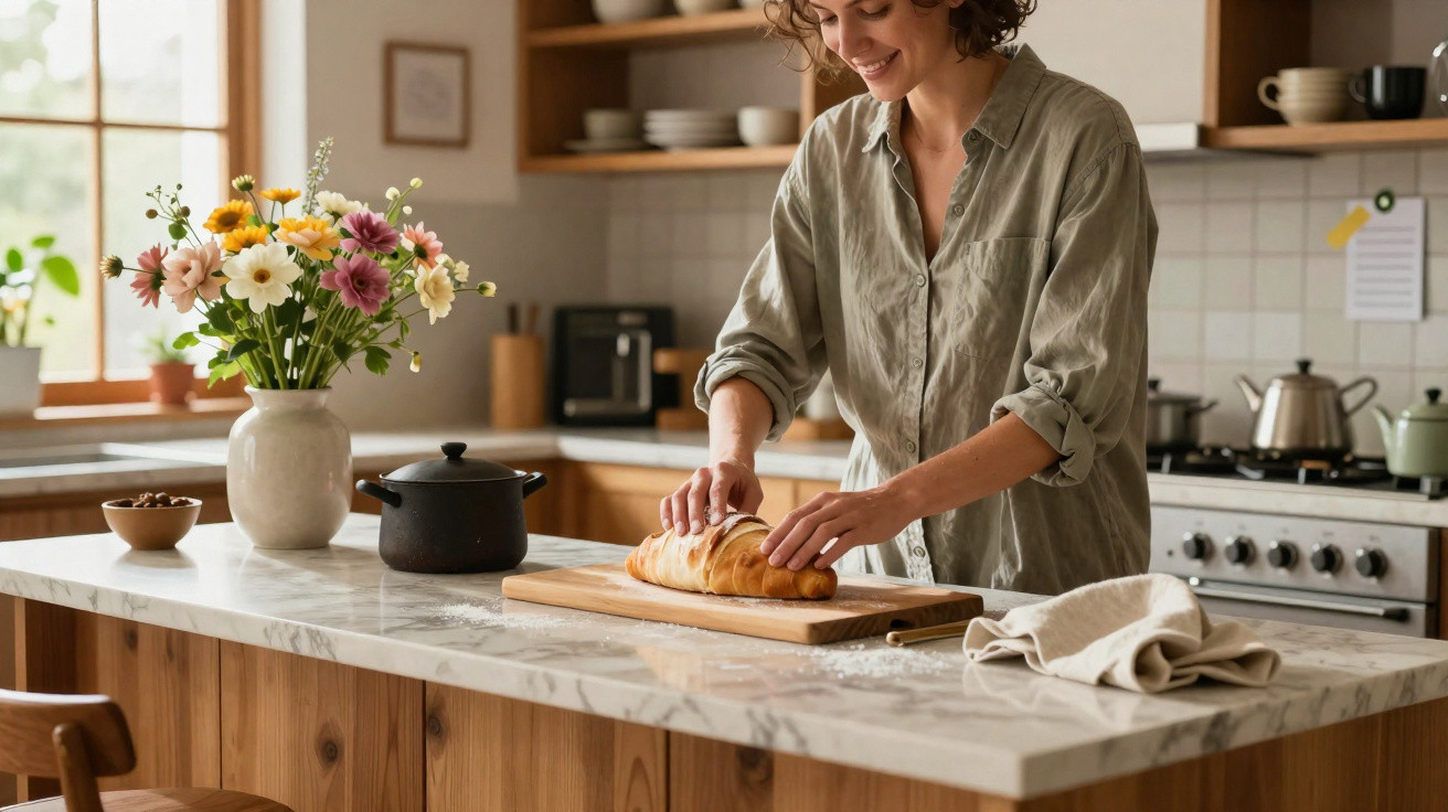 Mulher sorrindo fatiando pão em tábua na cozinha com vaso de flores e fogão ao fundo.