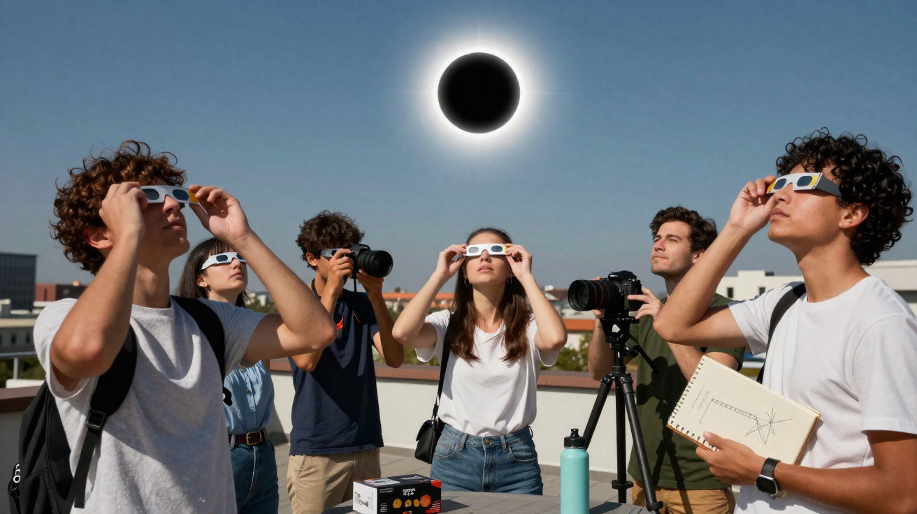 Grupo de jovens observando eclipse solar com óculos especiais e câmeras em terraço durante o dia.