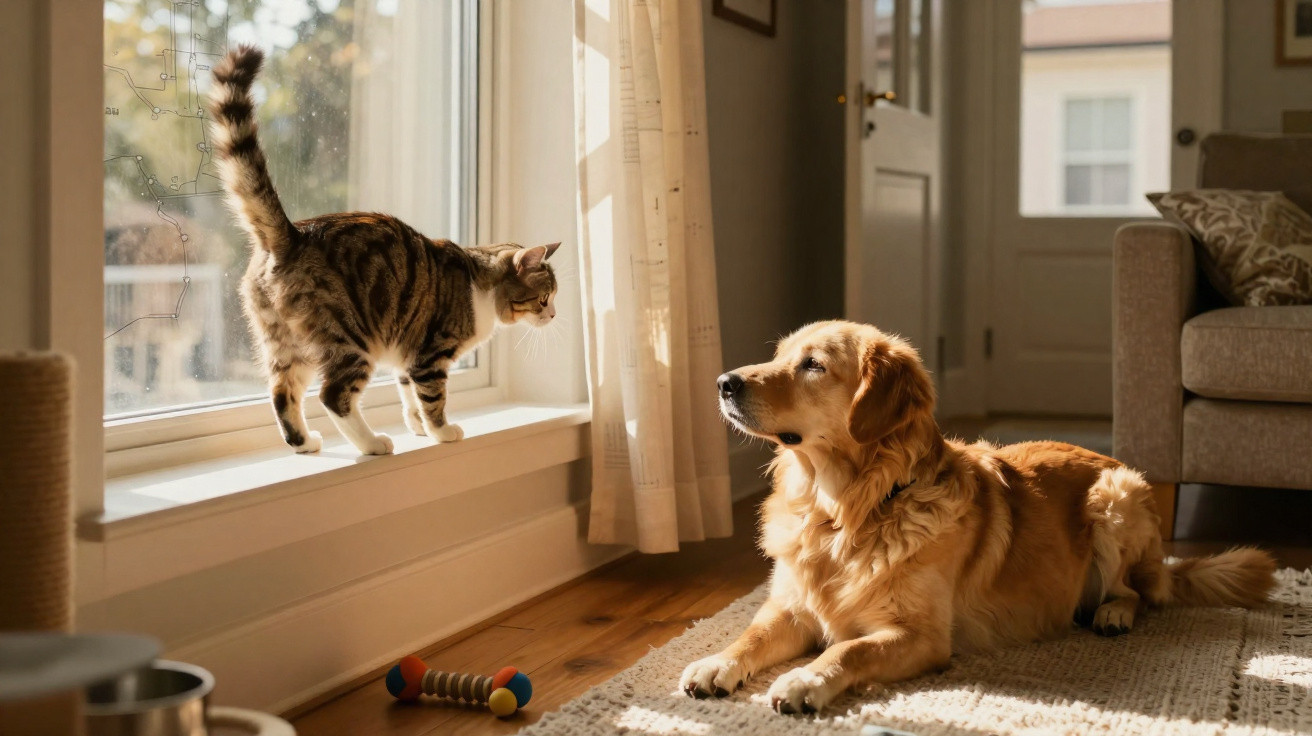 Gato em pé na janela observa cachorro dourado deitado em tapete em sala iluminada pelo sol.