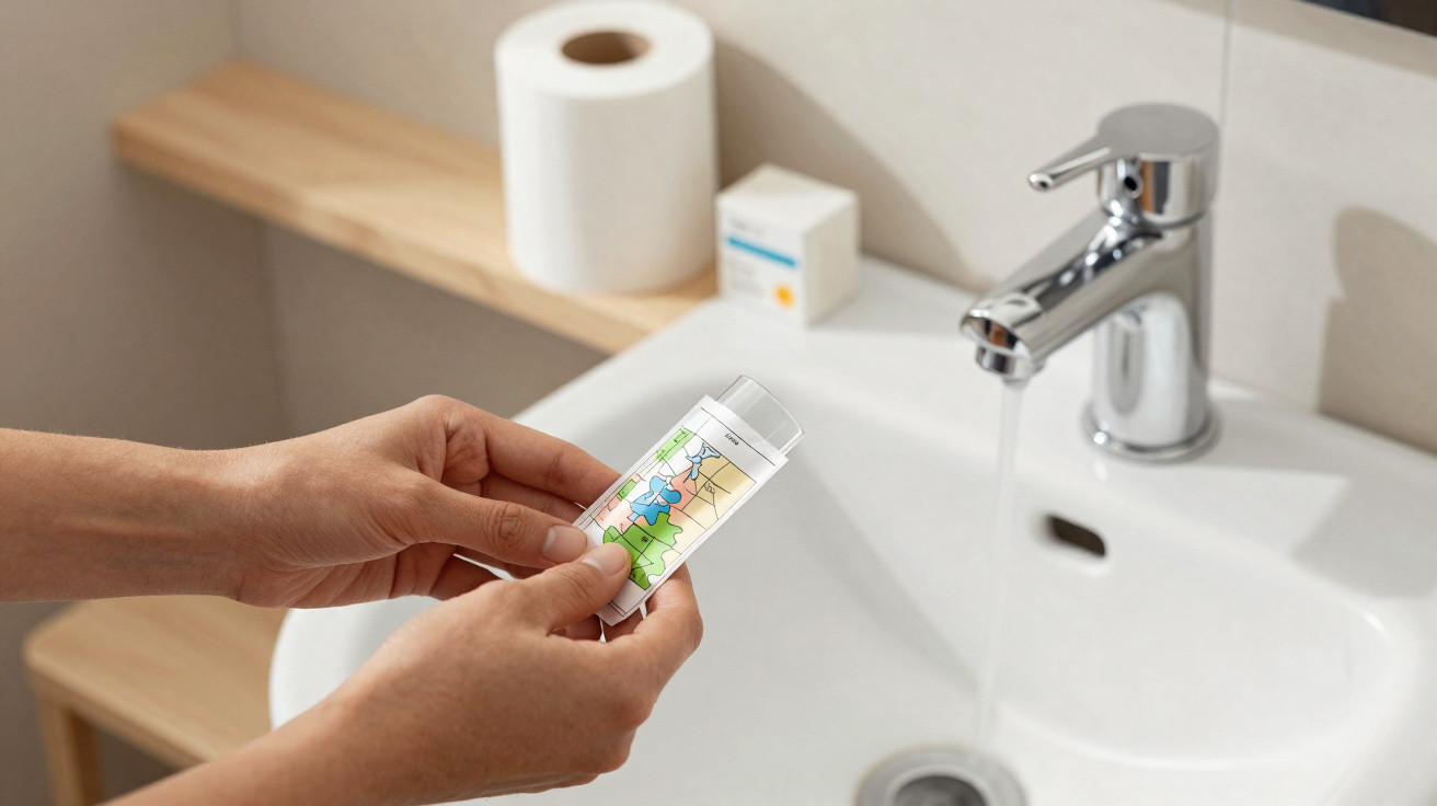 Mãos segurando fita teste de pH sobre pia com torneira e papel higiênico ao fundo.