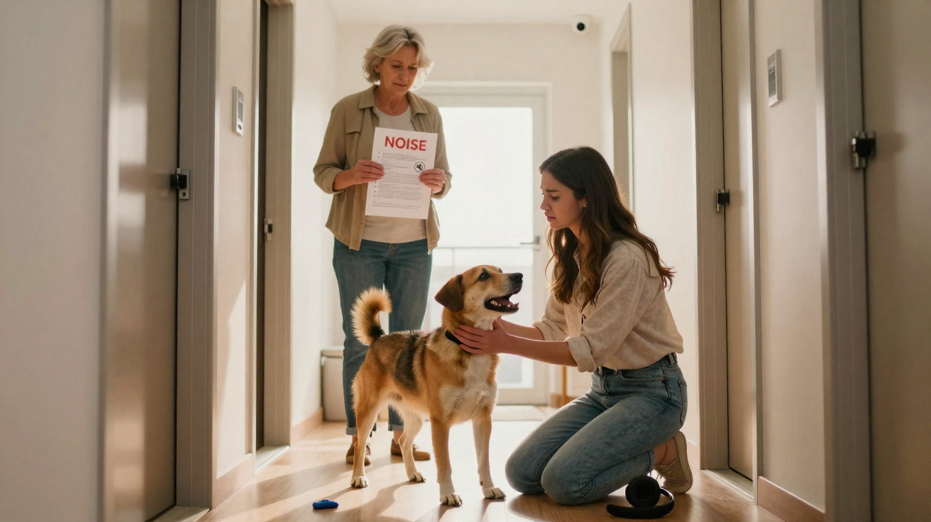 Mulher mais velha com papel de reclamação e jovem acariciando cachorro em corredor de apartamento.