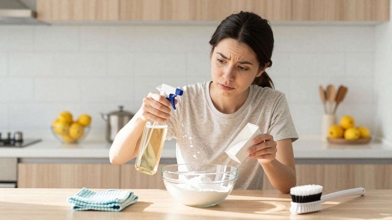 Mulher borrifando líquido em pó branco em uma tigela na cozinha com expressão de dúvida.