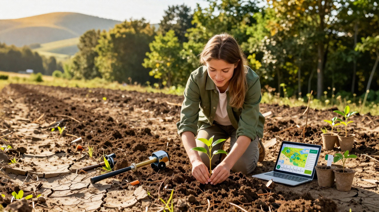 Mulher plantando muda em solo arado com laptop aberto ao lado exibindo dados agrícolas.