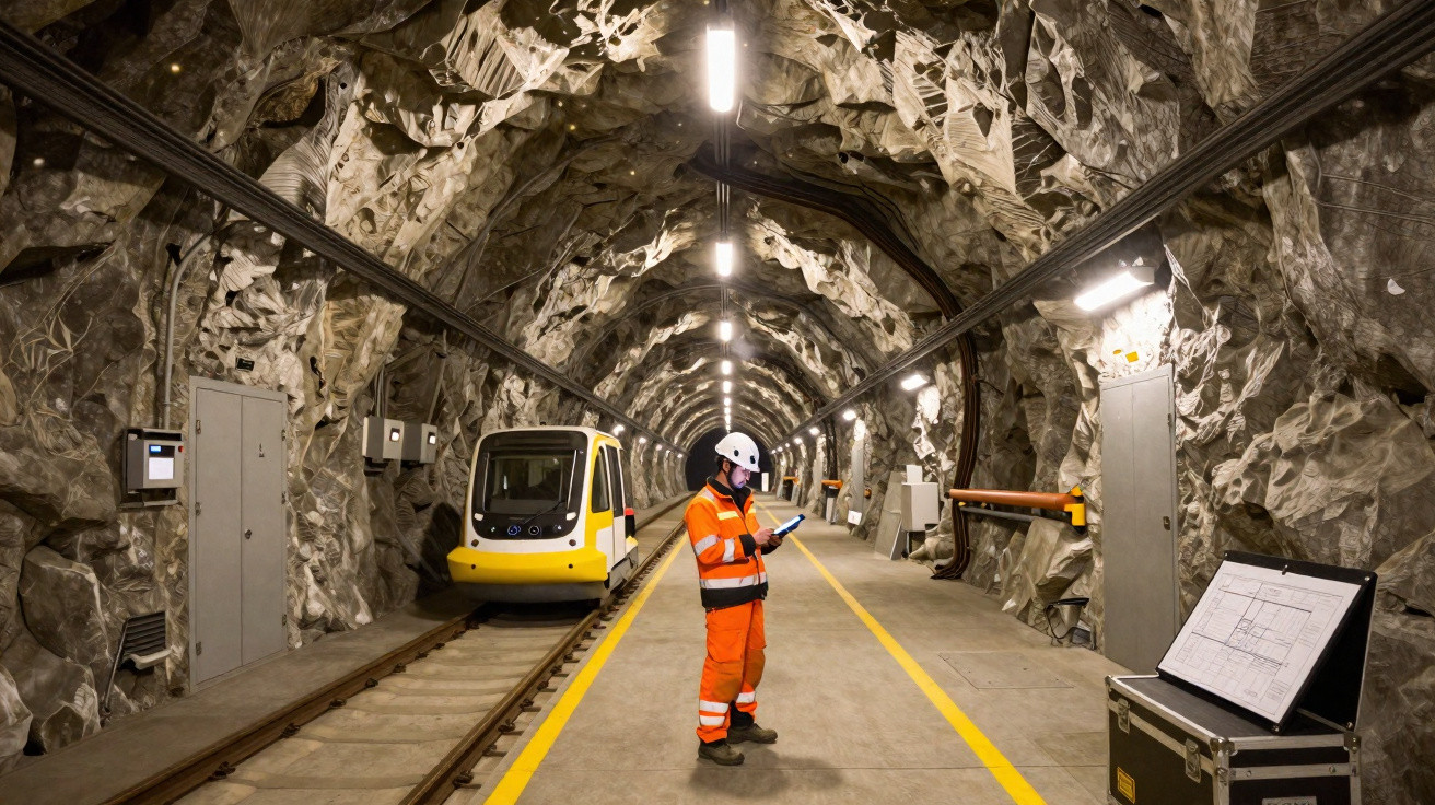 Trabalhador com equipamento de segurança verifica aparelho em túnel de mina com trem nos trilhos ao fundo.