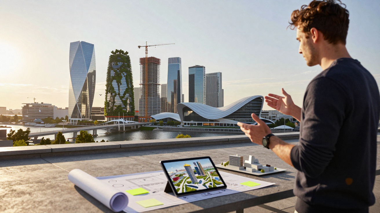 Homem observa modelo digital e planta arquitetônica de um futuro complexo urbano com arranha-céus e edifícios verdes.