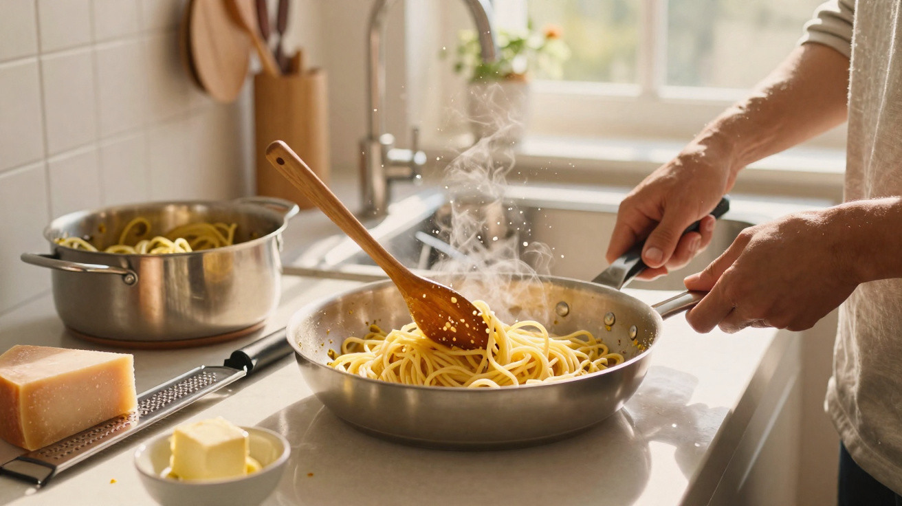 Mãos mexendo espaguete com colher de pau em frigideira na cozinha iluminada pelo sol.