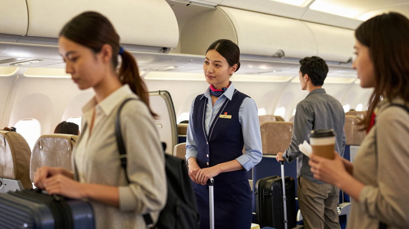 Comissária de bordo vestindo uniforme azul atende passageiros com malas no interior de avião.