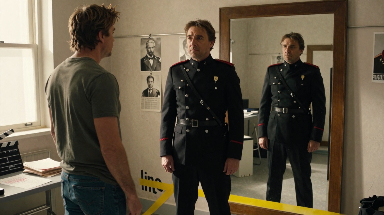 Homem de camiseta verde observa outro homem vestido com uniforme preto em frente a um espelho grande.