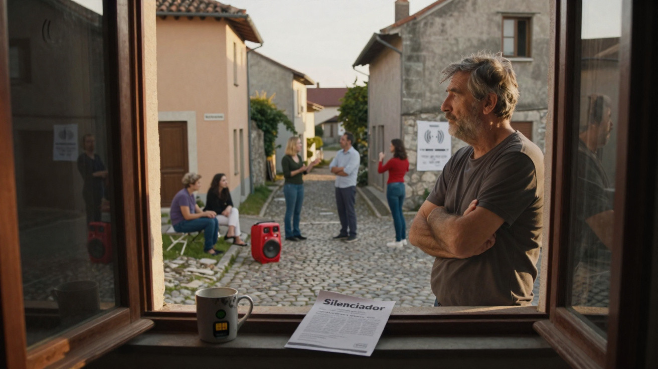 Homem abraçado em janela observa grupo conversando em rua de pedra com casas antigas ao fundo.