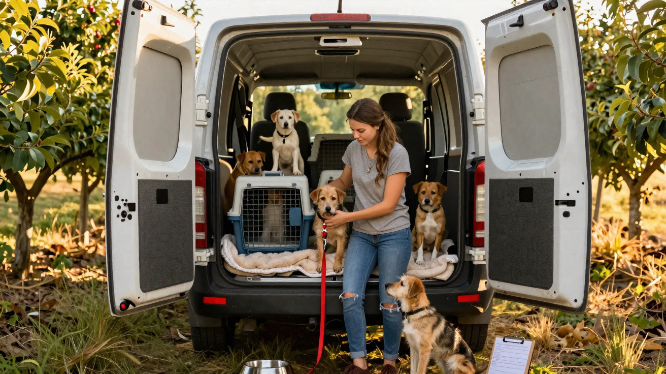 Mulher com cinco cachorros próximo a uma van aberta em área rural arborizada ao entardecer.