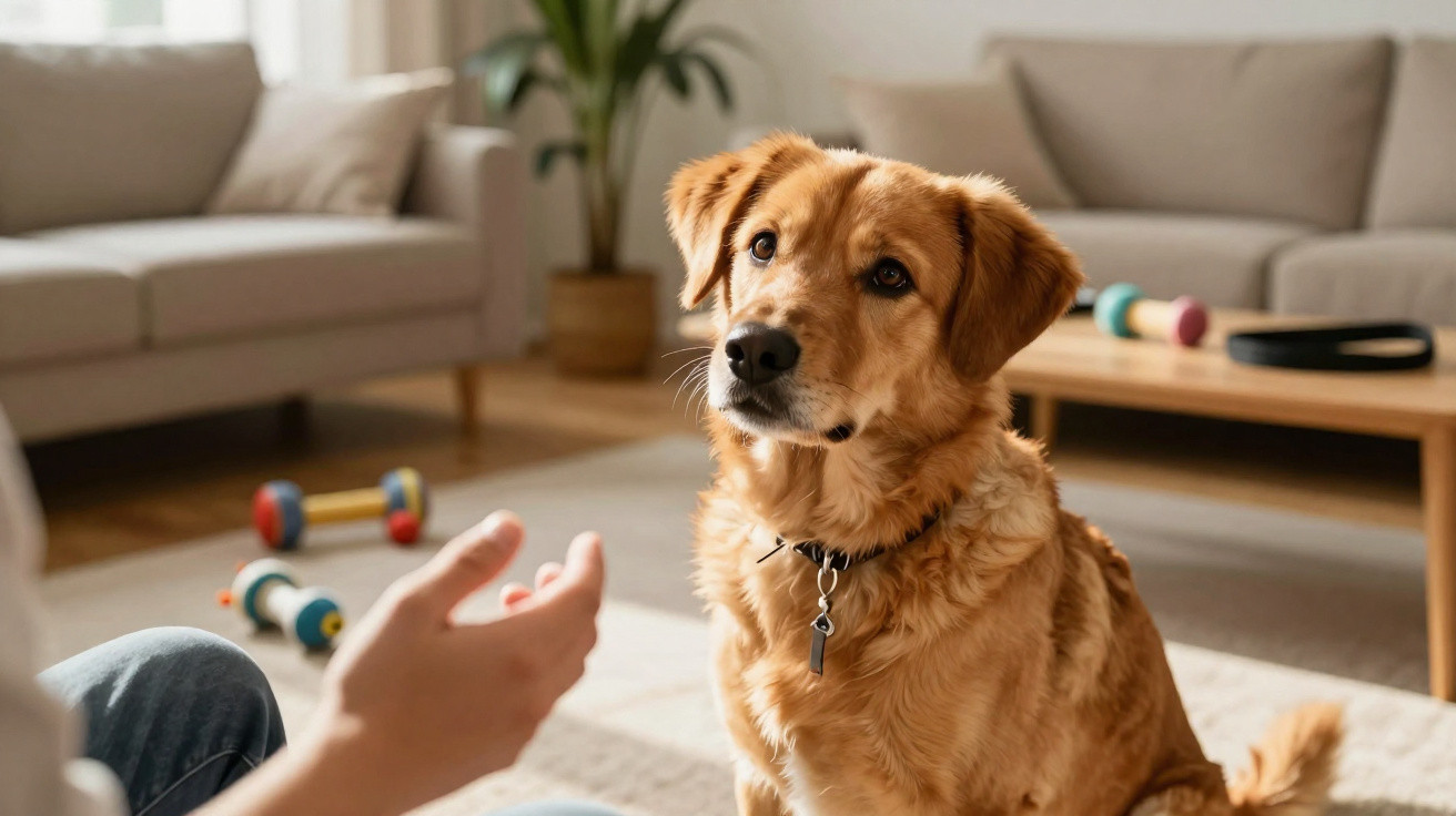 Cachorro dourado sentado no tapete da sala, atento a uma pessoa que estende a mão.