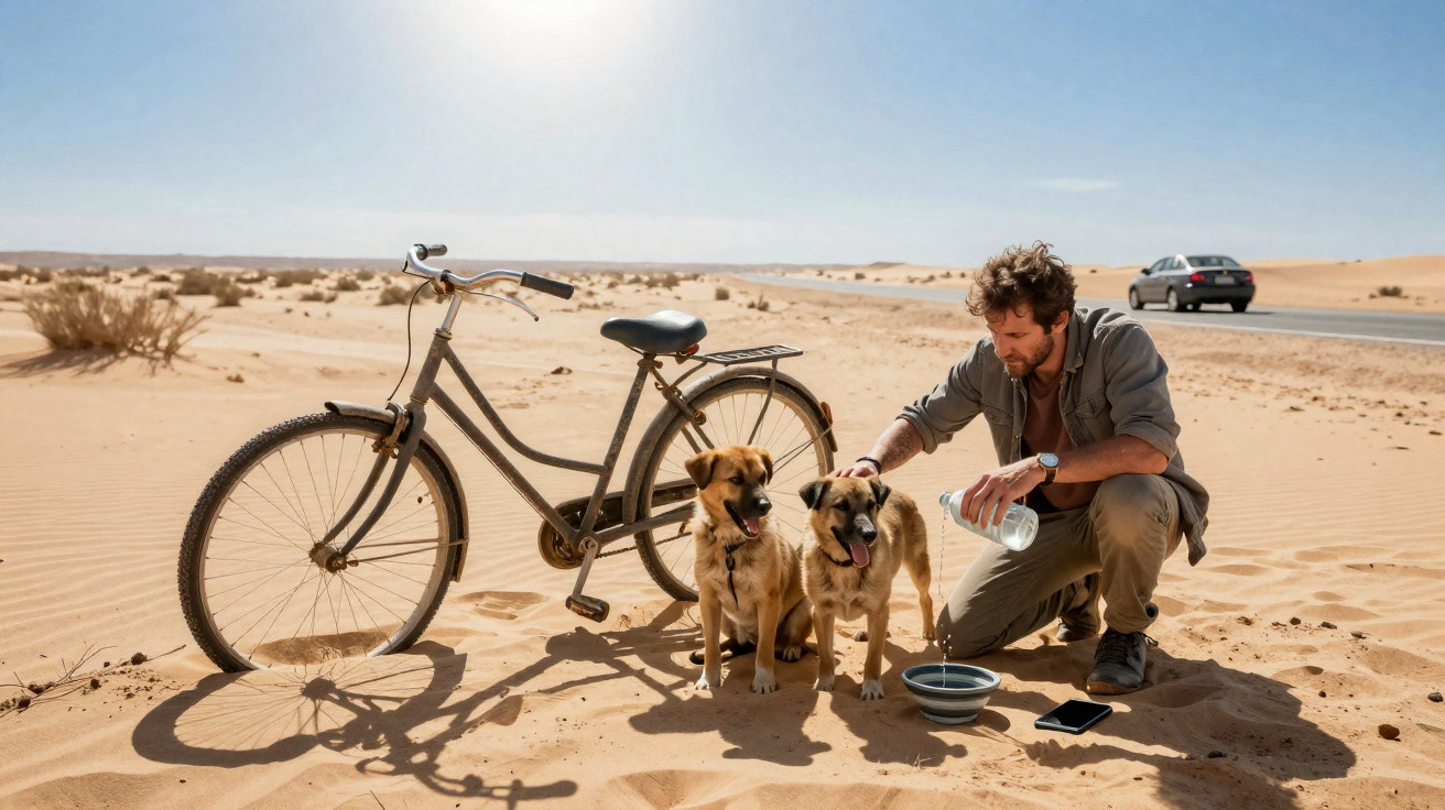 Homem com bicicleta oferece água a dois cães no deserto próximo a uma estrada asfaltada com carro ao fundo.