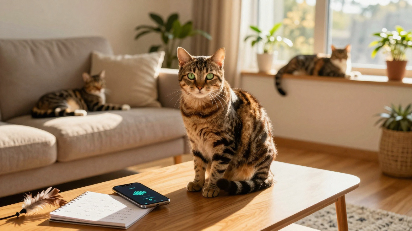 Três gatos listrados em uma sala iluminada, um no sofá, um na mesa e outro no peitoril da janela.