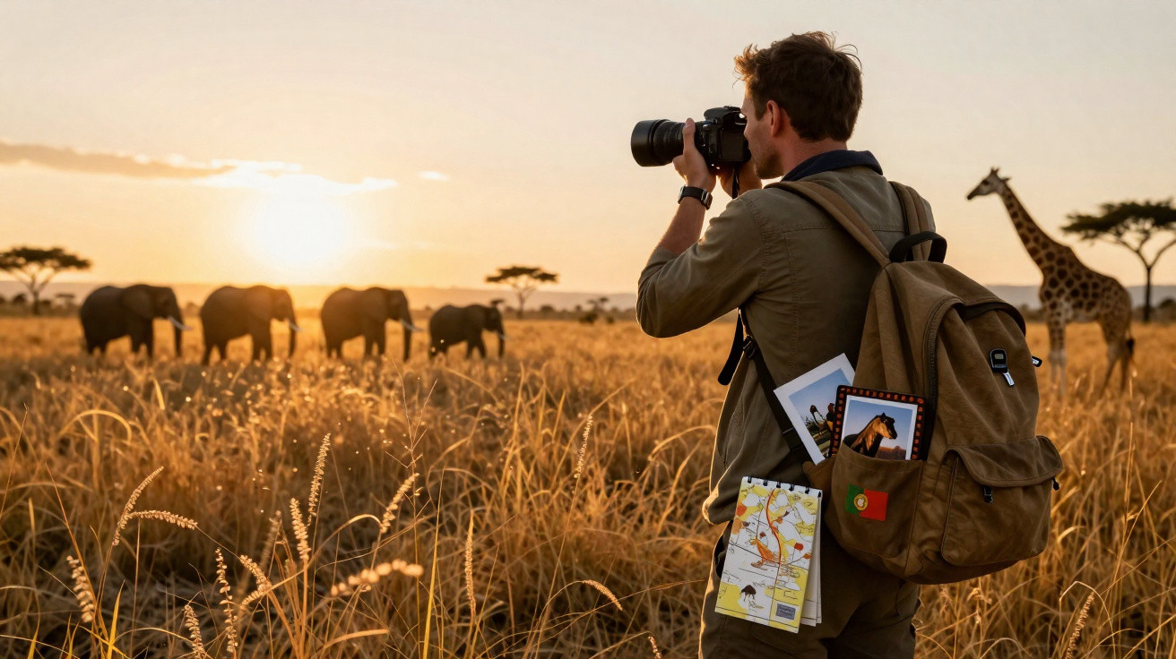 Fotógrafo registra elefantes e girafa na savana africana durante o pôr do sol.