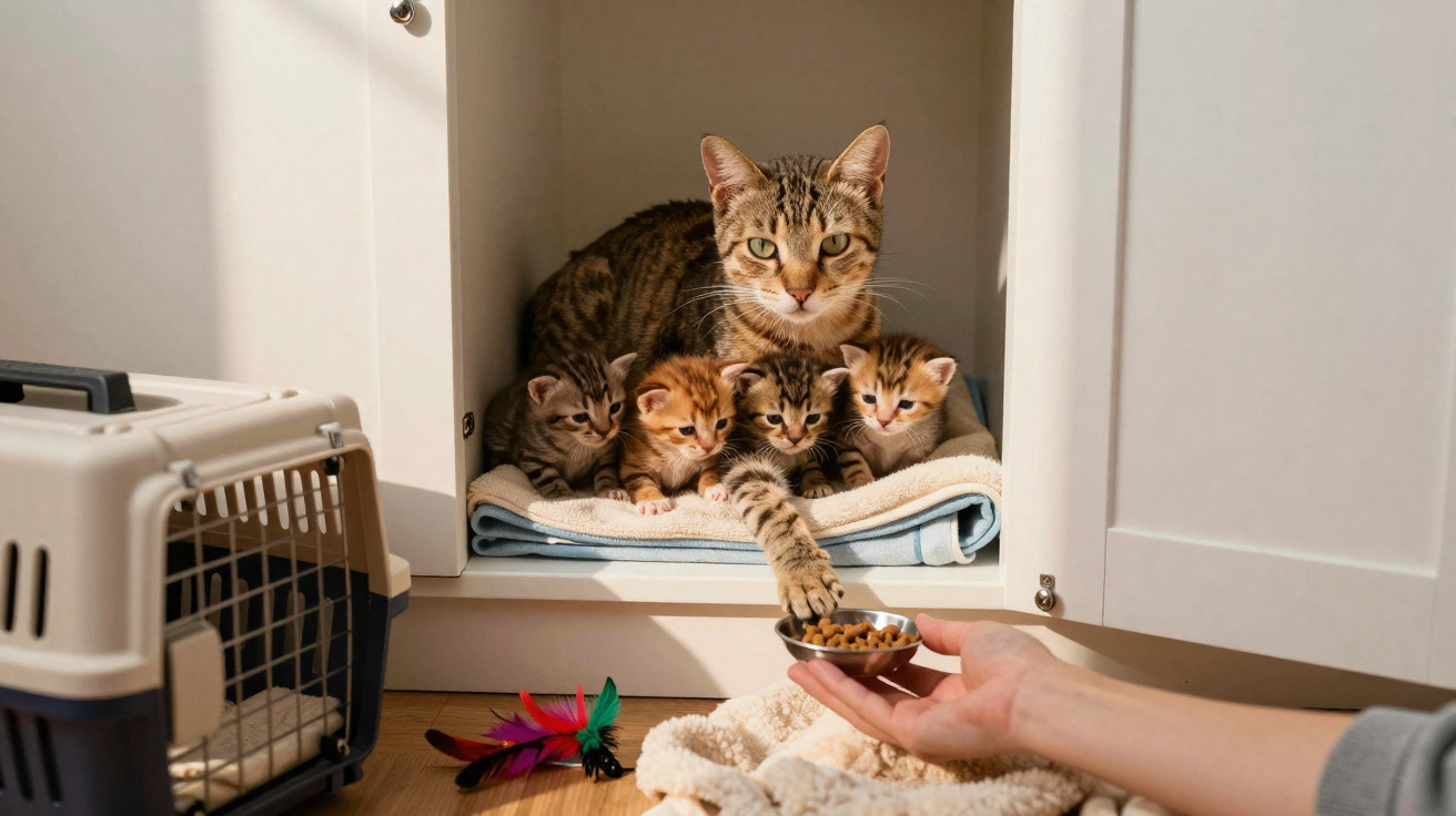 Gata com quatro filhotes em um nicho de armário com brinquedos e comedouro sendo oferecido por uma mão humana.