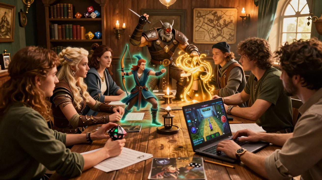 Grupo de jovens jogando RPG de mesa com personagens fantásticos holográficos em uma sala acolhedora.
