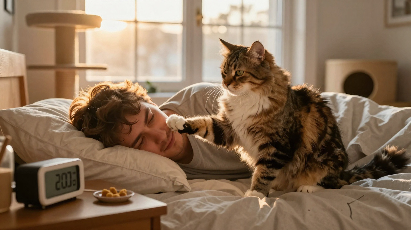 Gato tocando no rosto de homem dormindo em cama com luz do sol entrando pela janela ao fundo.