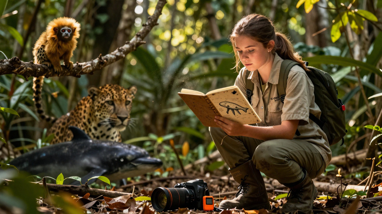 Jovem pesquisadora lendo livro na floresta, cercada por animais como onça, golfinho e macaco.