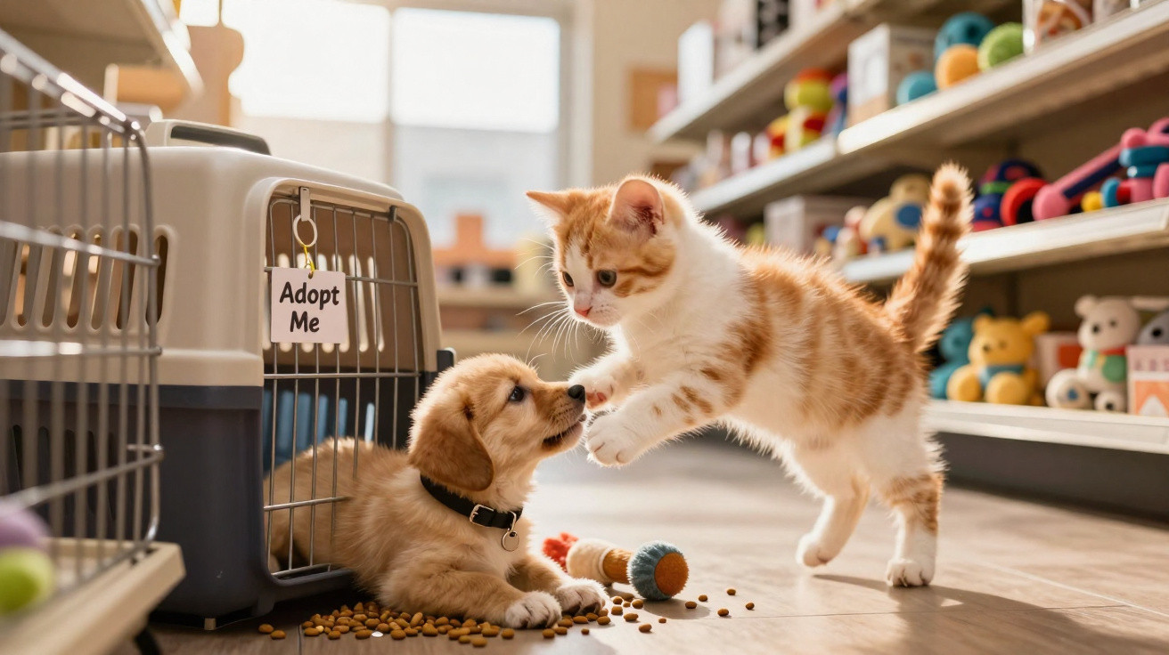 Filhote de cachorro dentro de caixa para adoção brinca com gatinho em loja de animais.
