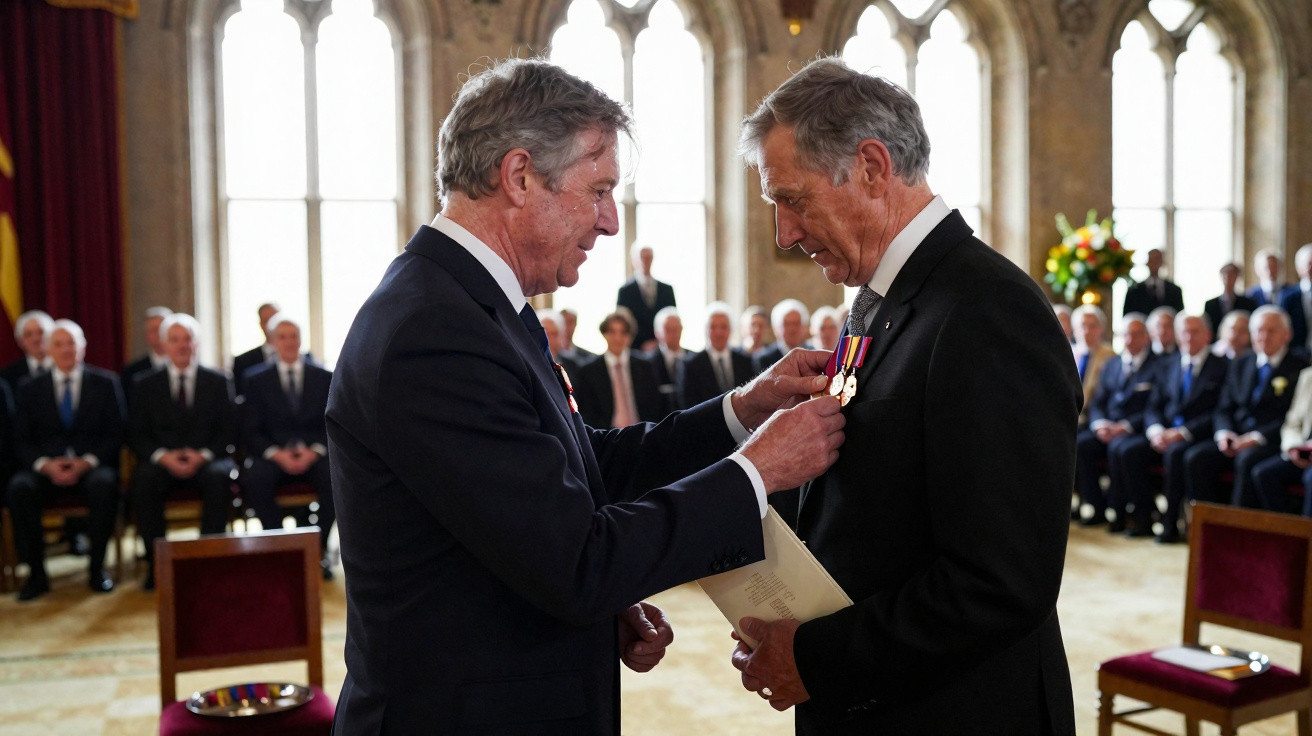 Dois homens em terno em cerimônia oficial, um entrega medalhas ao outro, com público ao fundo.