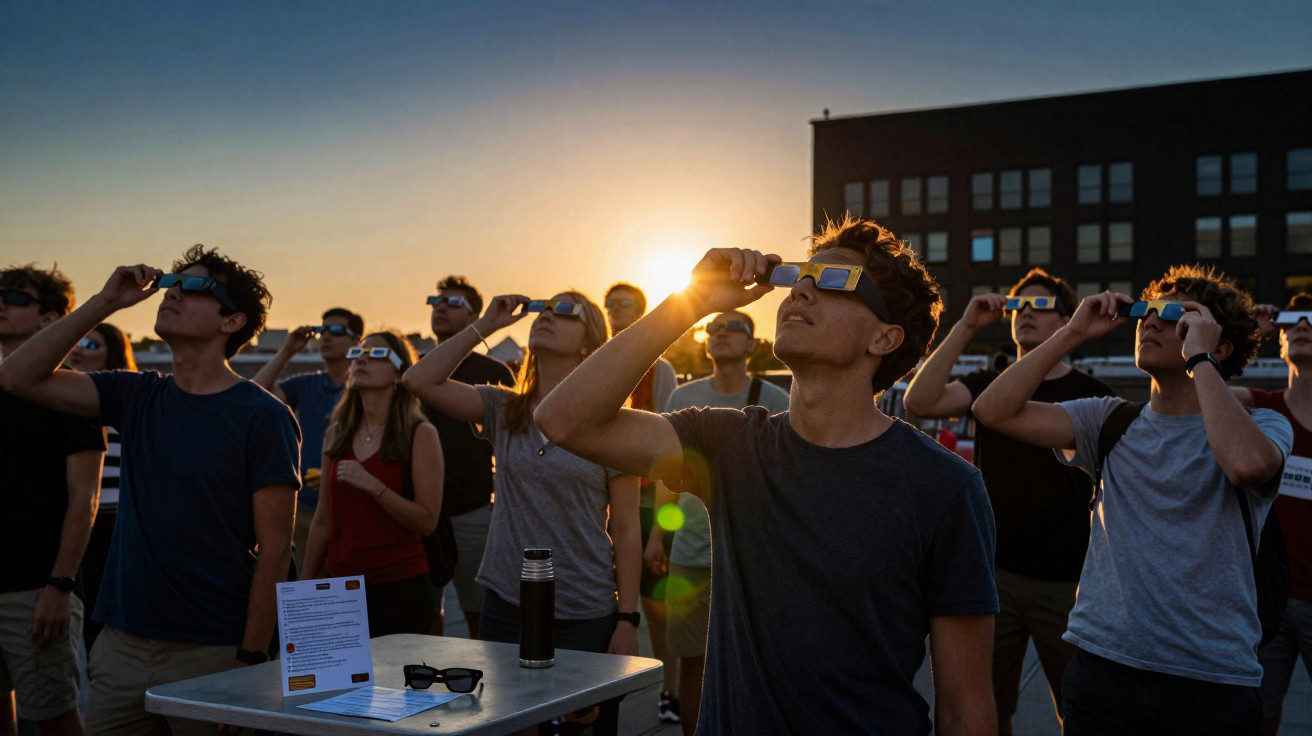 Grupo de pessoas usando óculos especiais para observar eclipse solar ao pôr do sol em área externa.