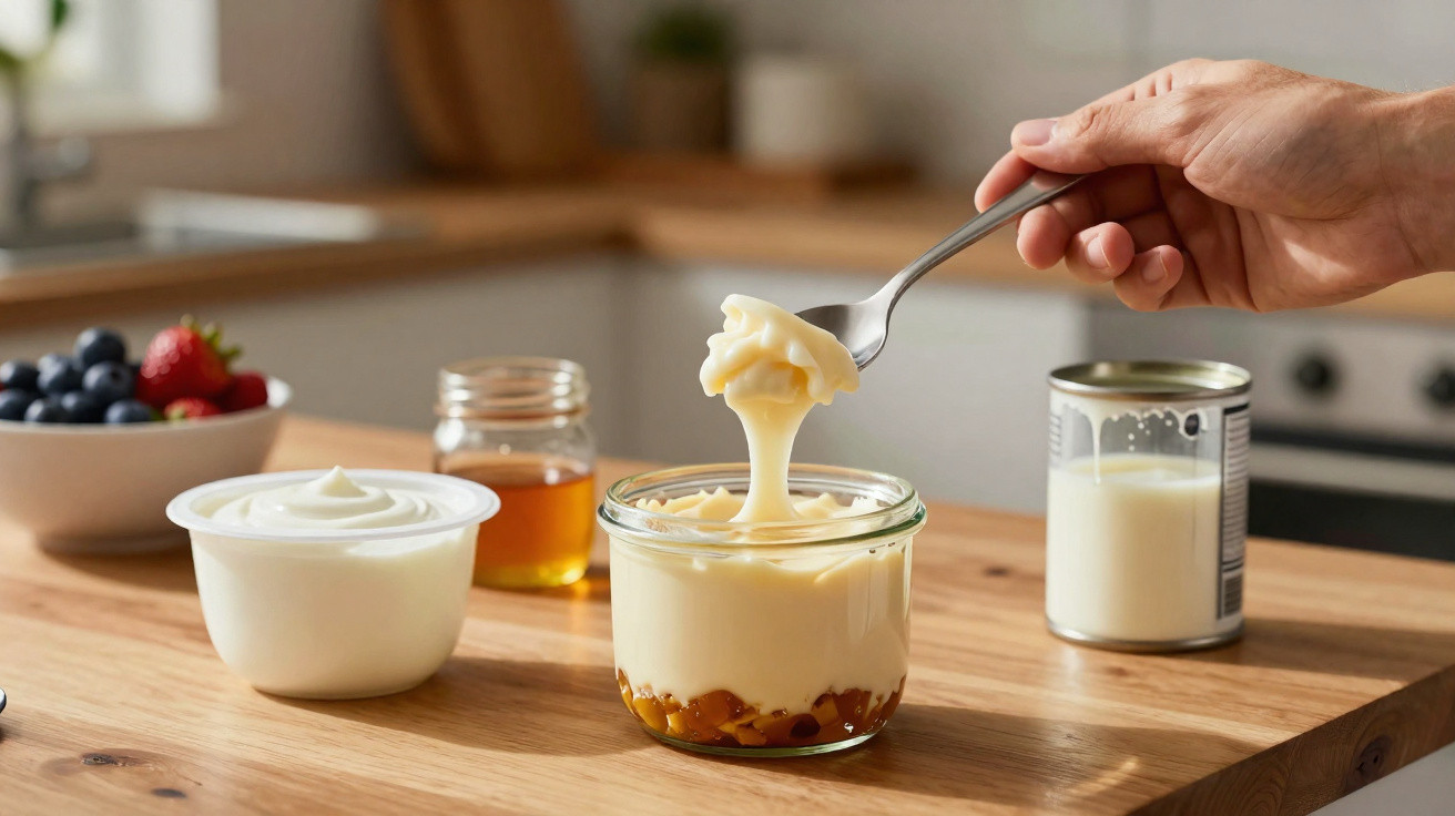 Mão segurando colher com doce de leite cremoso em pote de vidro em cozinha com ingredientes ao fundo.
