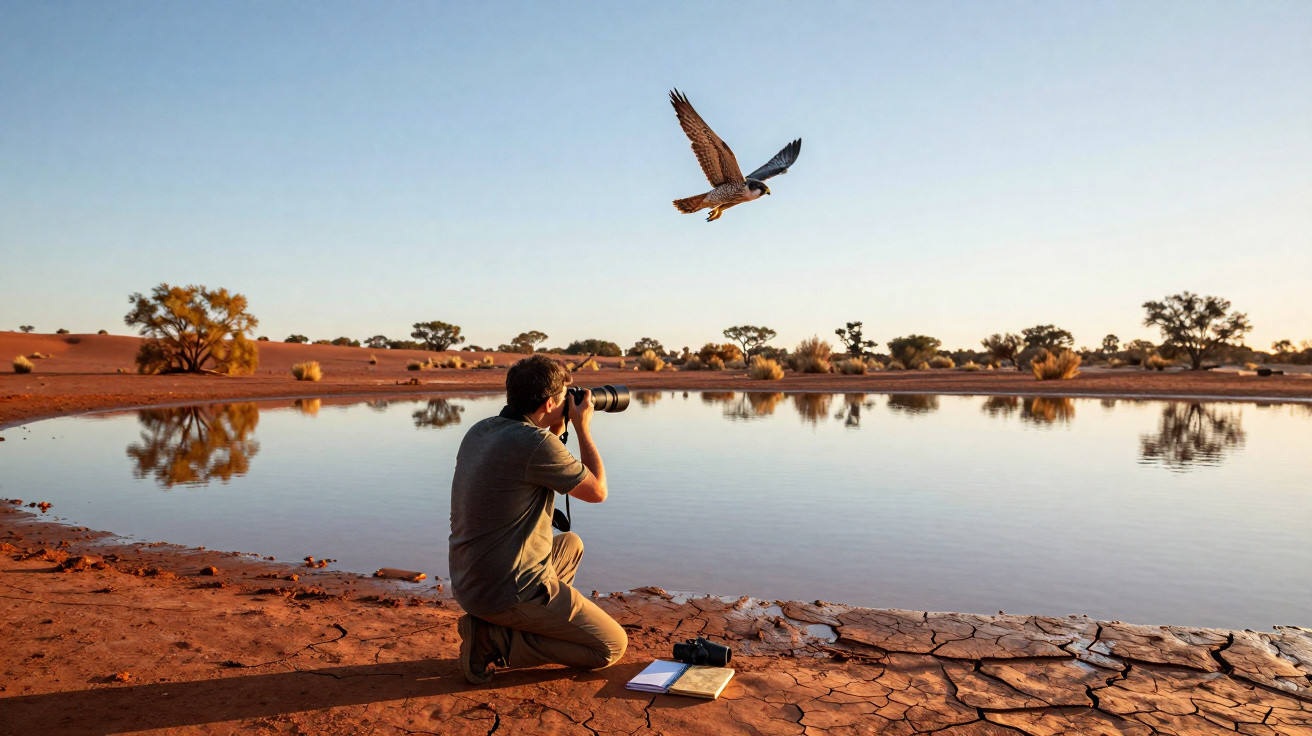 Fotógrafo ajoelhado com câmera registrando falcão voando sobre lago em paisagem árida ao pôr do sol.
