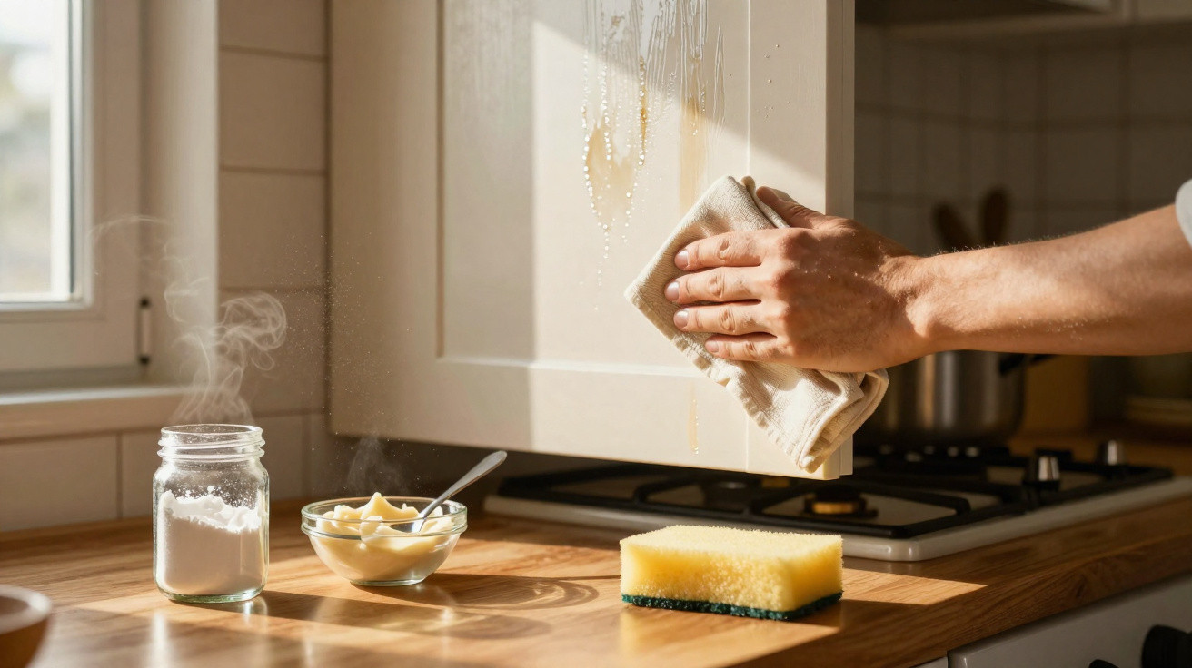 Pessoa limpando armário da cozinha com pano, ao lado de esponja, vidro com açúcar e tigela com manteiga.