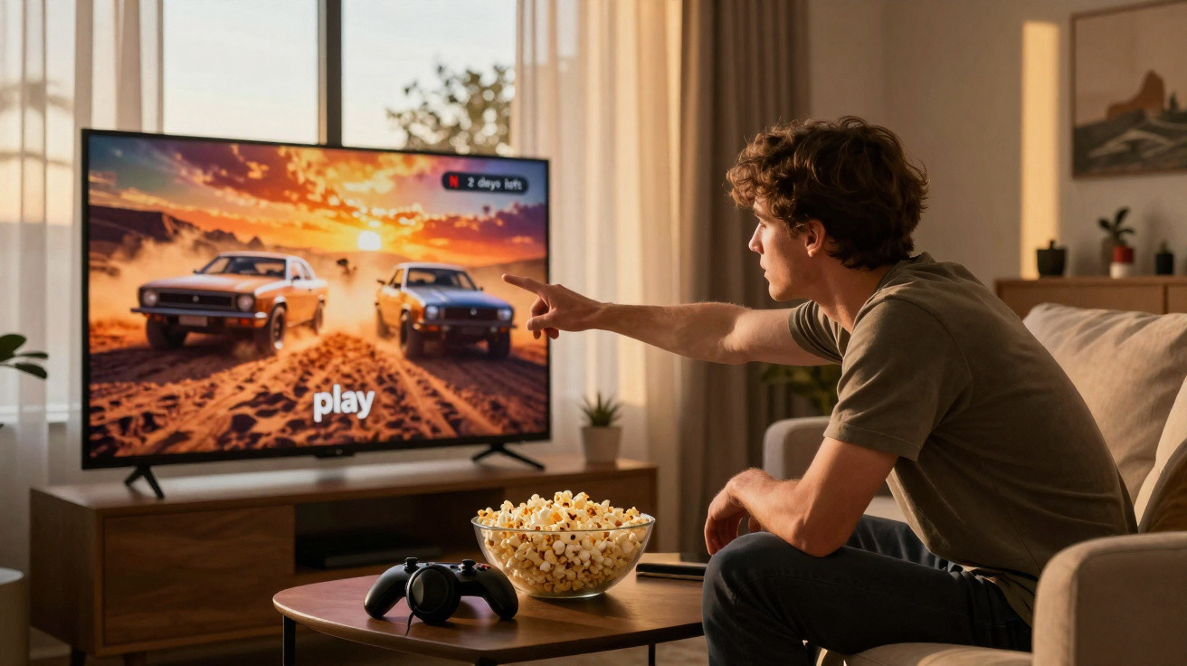 Jovem sentado no sofá em sala iluminada, apontando para jogo de carros na TV com balde de pipoca na mesa.