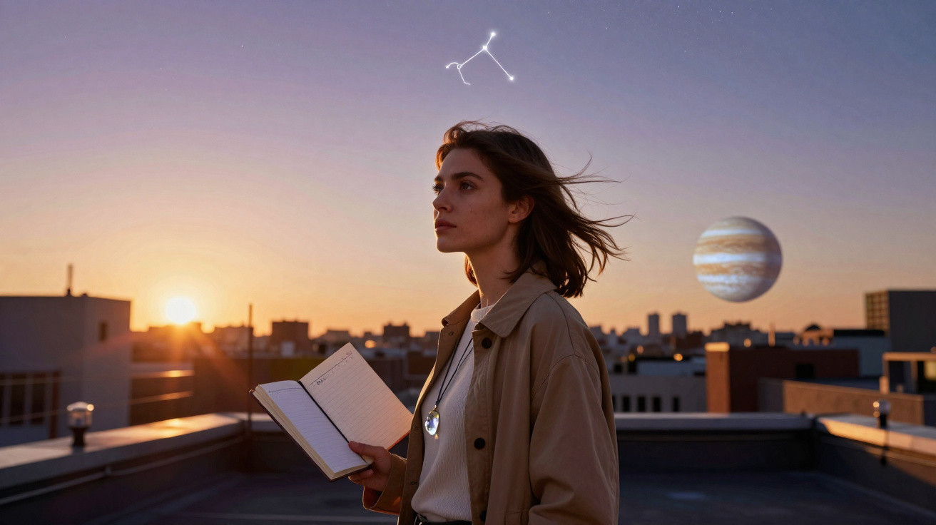 Mulher segurando caderno no terraço ao pôr do sol com constelação e planeta Júpiter no céu.