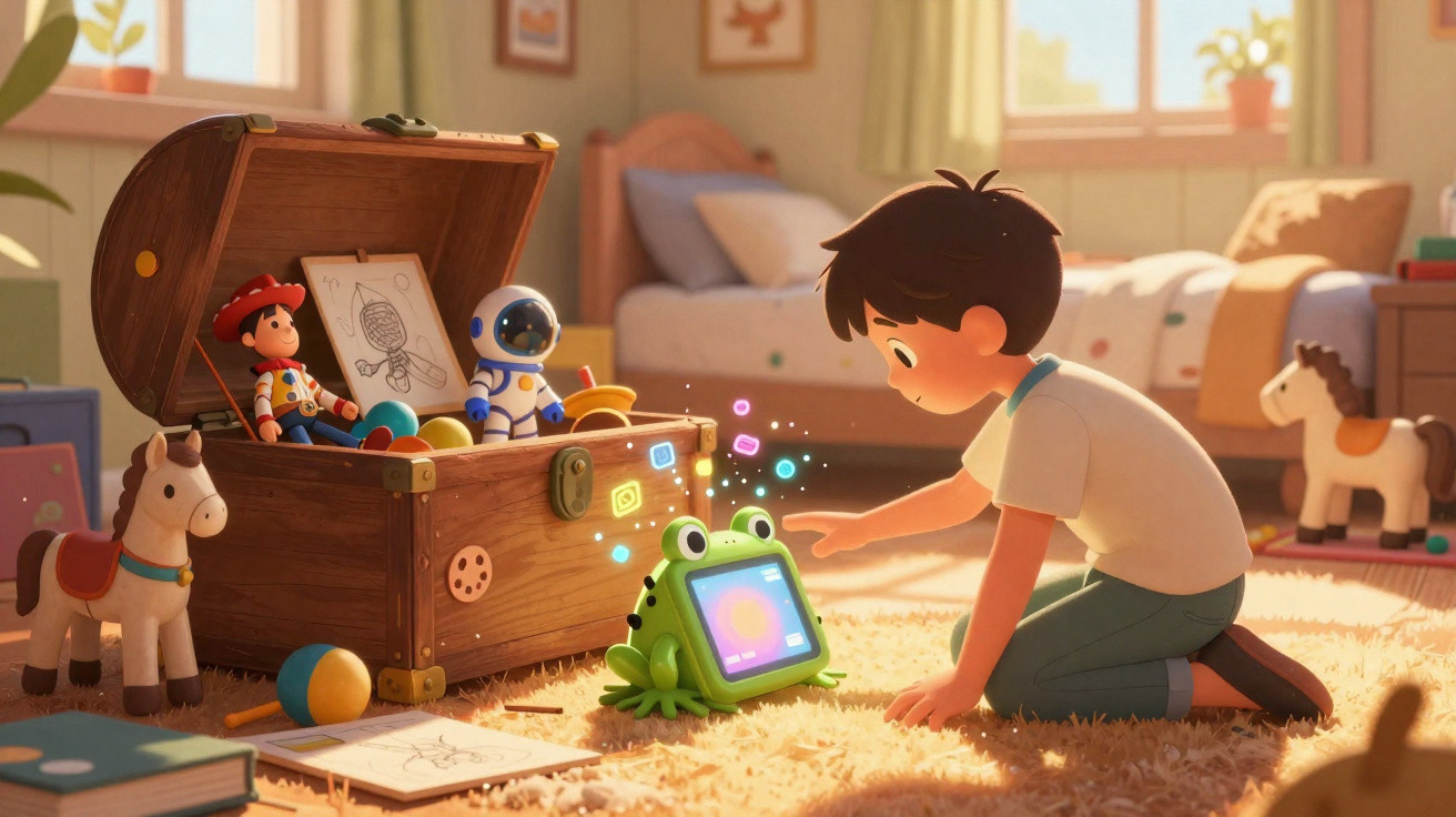 Criança brincando com tablet em formato de sapo em quarto iluminado com brinquedos e baú aberto.