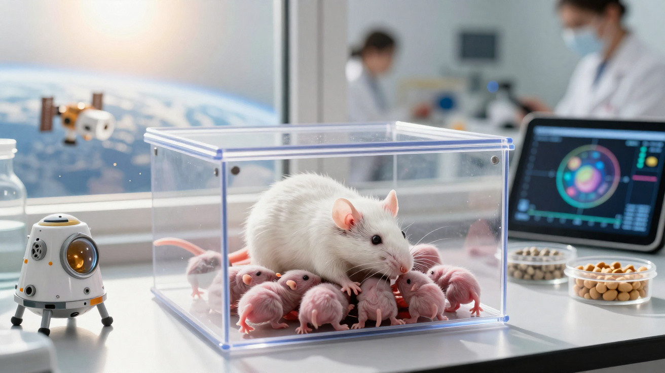 Rato branco adulto com filhotes em caixa transparente, em laboratório futurista com ambiente espacial ao fundo.