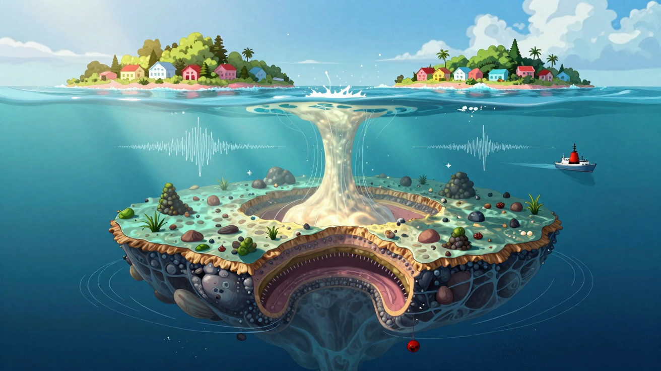 Ilustração de iceberg flutuante com parte submersa em formato de boca gigante e ilha com casas coloridas ao fundo.