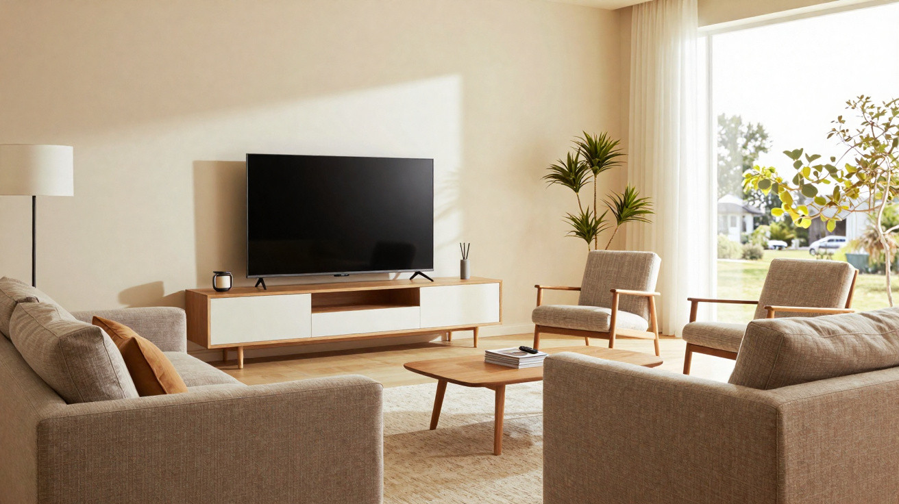 Sala de estar moderna com sofá bege, poltronas, televisão, mesa de centro e plantas perto de janela grande.
