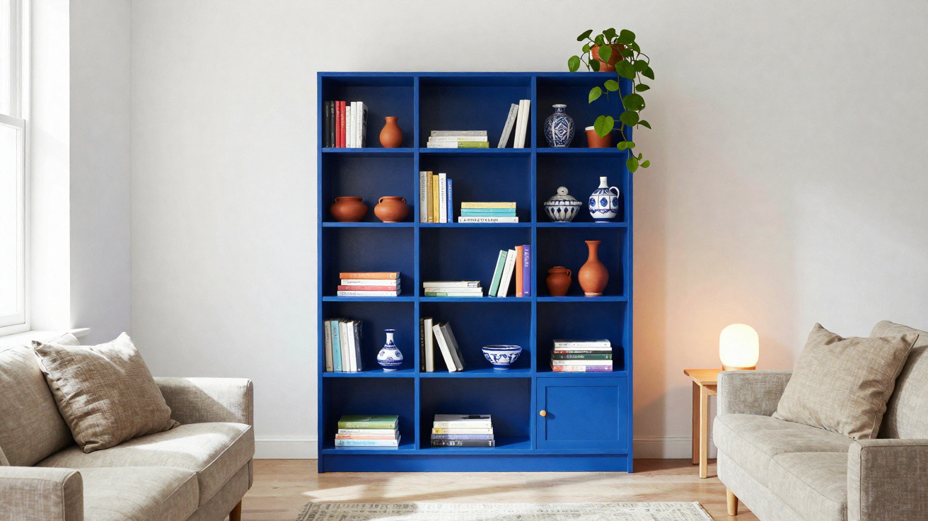 Estante azul com livros, vasos decorativos e planta entre dois sofás bege com almofadas em sala clara.