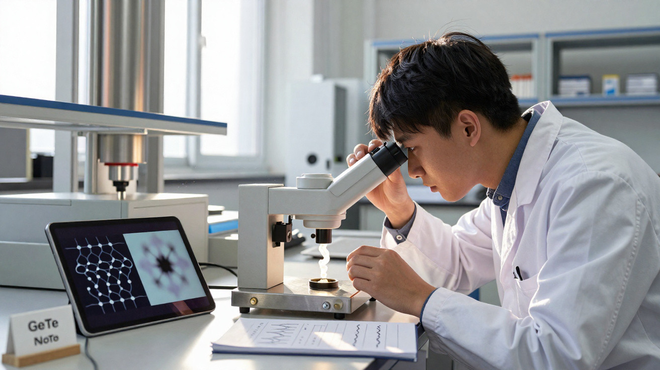 Pesquisador usando microscópio em laboratório com tablet exibindo estrutura molecular ao lado.