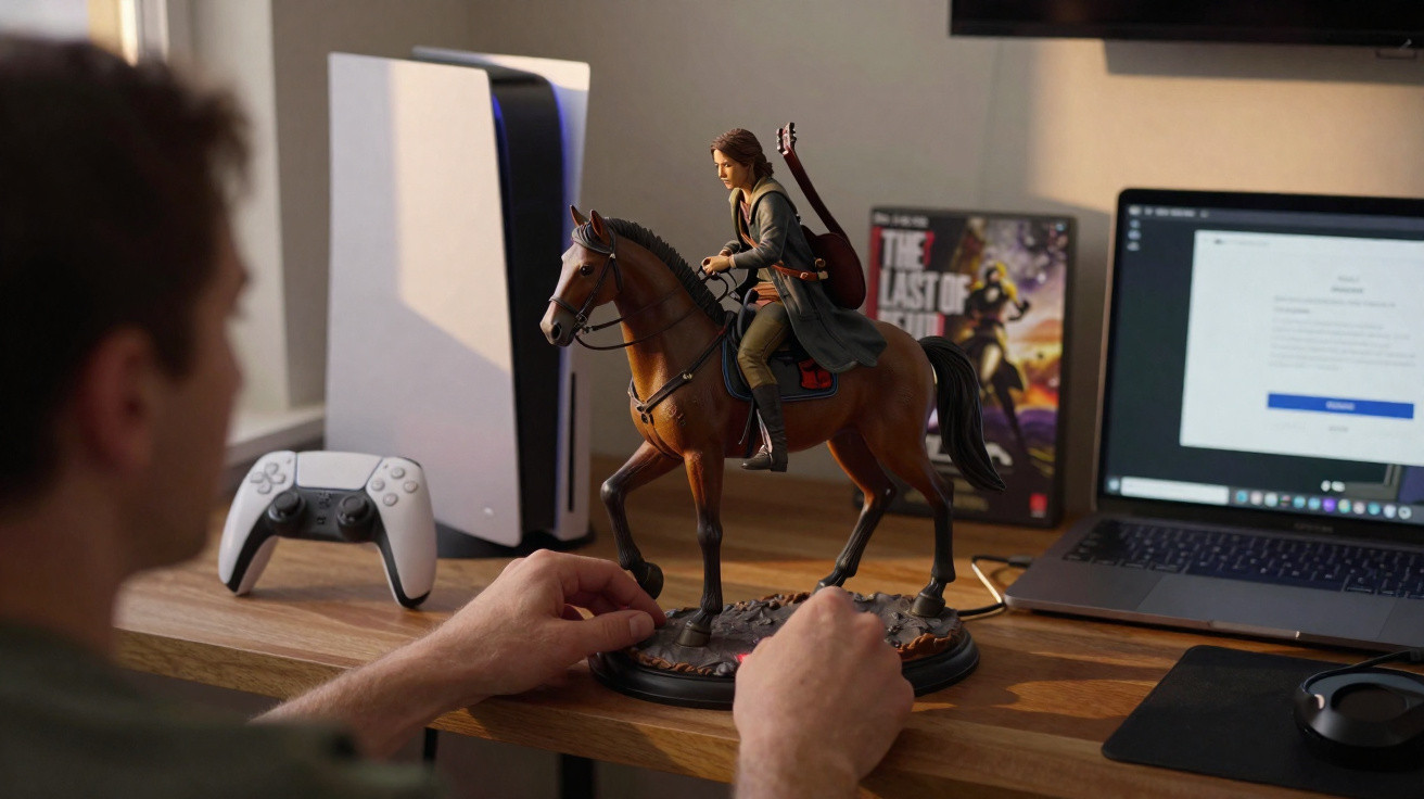 Pessoa ajusta estátua de personagem montado em cavalo, com videogame, controle e laptop ao fundo.