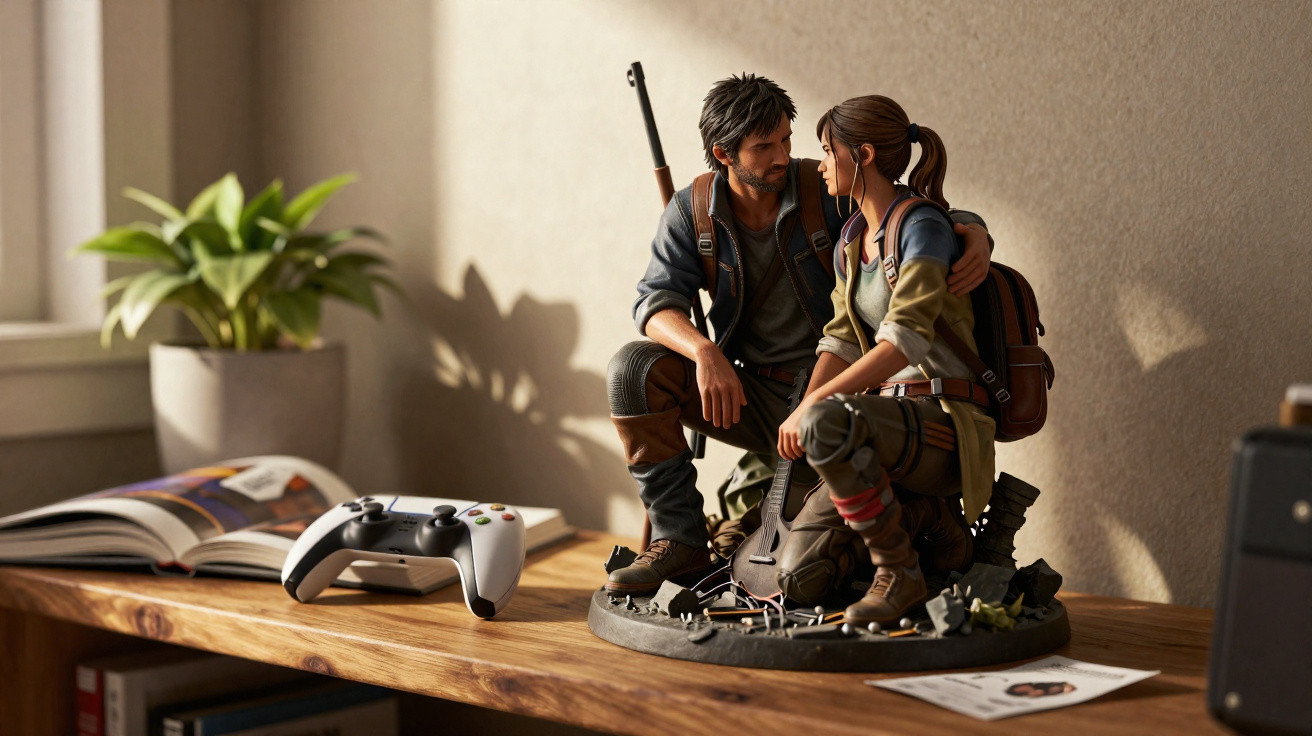 Estatueta de dois personagens sentados juntos, com controle de videogame e planta ao fundo.