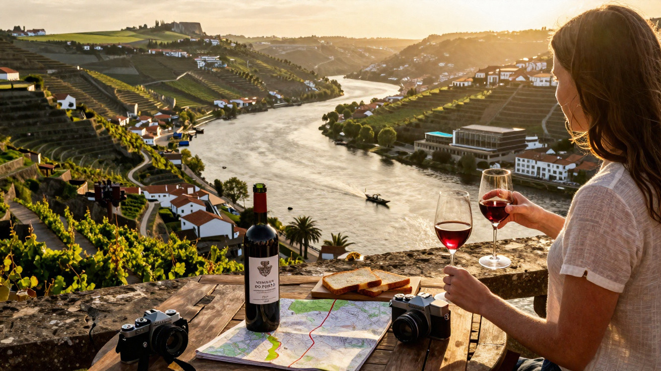 Mulher segurando taça de vinho com vista para vinhedos e rio ao pôr do sol.