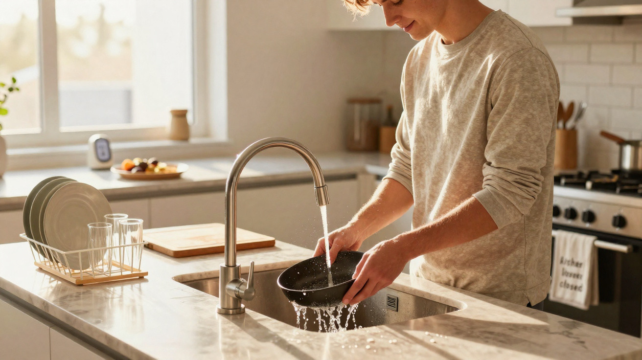 Pessoa lavando panela em pia de cozinha moderna com bancada de mármore e luz natural.
