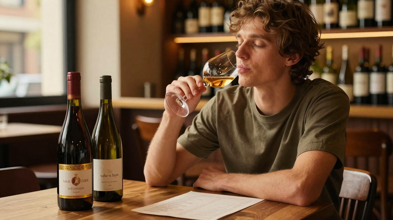 Homem sentado em bar degustando vinho branco, com duas garrafas e cardápio sobre mesa de madeira.