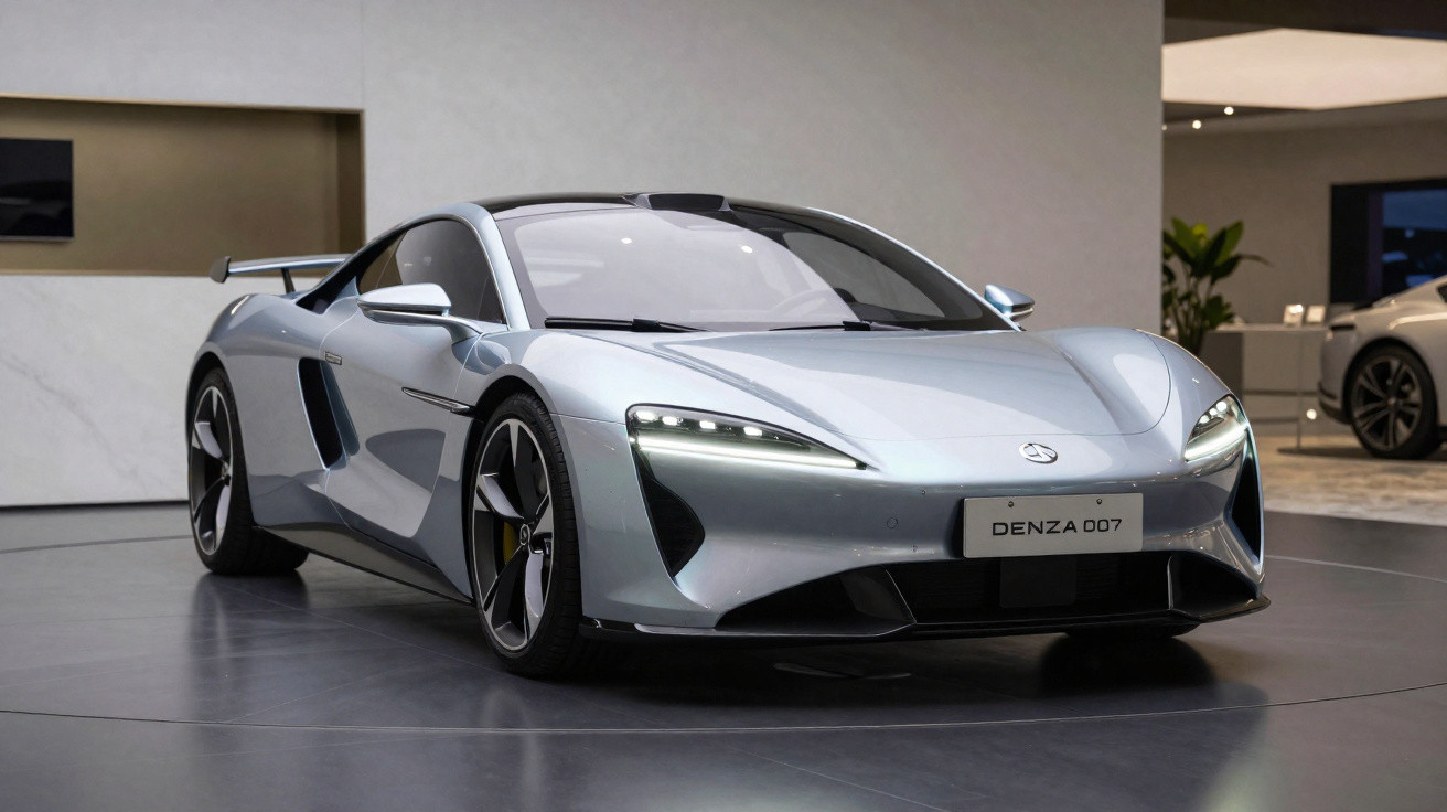 Carro esportivo cinza Denza D07 exposto em ambiente interno moderno e iluminado.