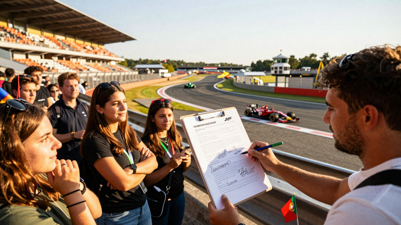 Grupo de jovens observa homem assinando documento em autódromo durante corrida de carros.