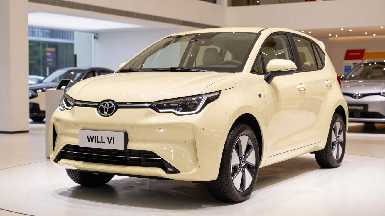 Carro compacto Toyota Will VI bege em exposição dentro de showroom moderno.