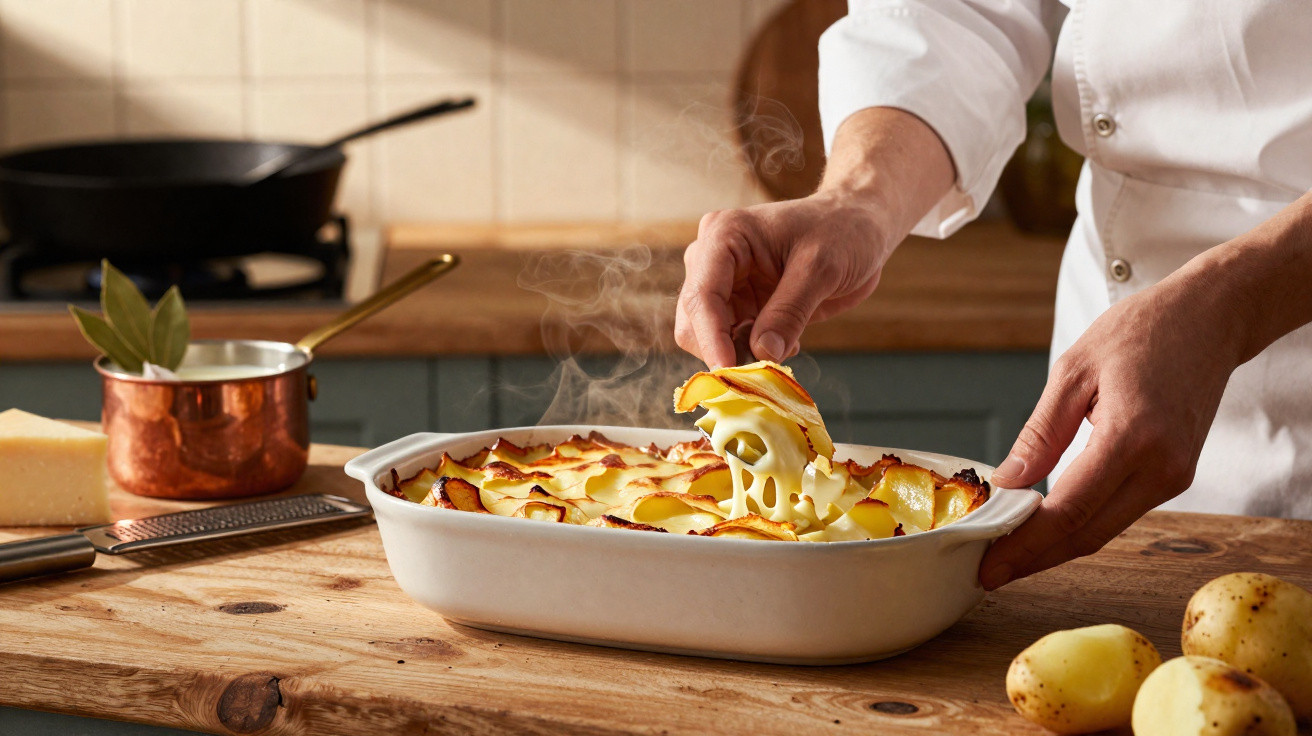 Mãos servindo uma porção de gratinado de batatas com queijo derretido em travessa branca.