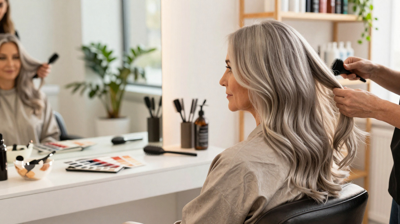 Mulher com cabelo grisalho sendo penteada em salão de beleza, refletida no espelho.