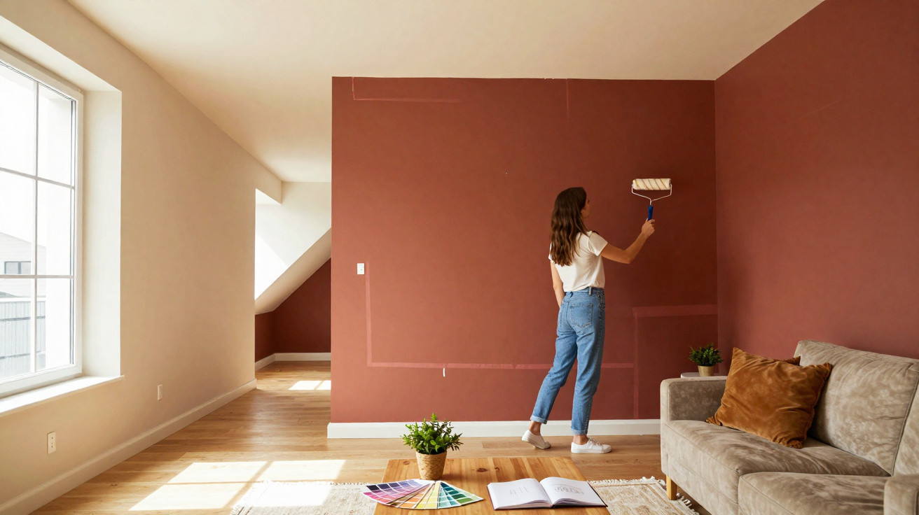 Mulher pintando parede marrom avermelhada em sala clara com sofá e plantas.