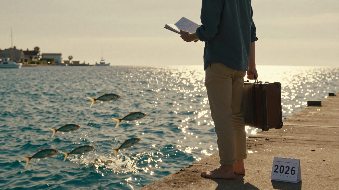 Pessoa com mala e livro na mão observa peixes voando sobre o mar ao pôr do sol em um píer.