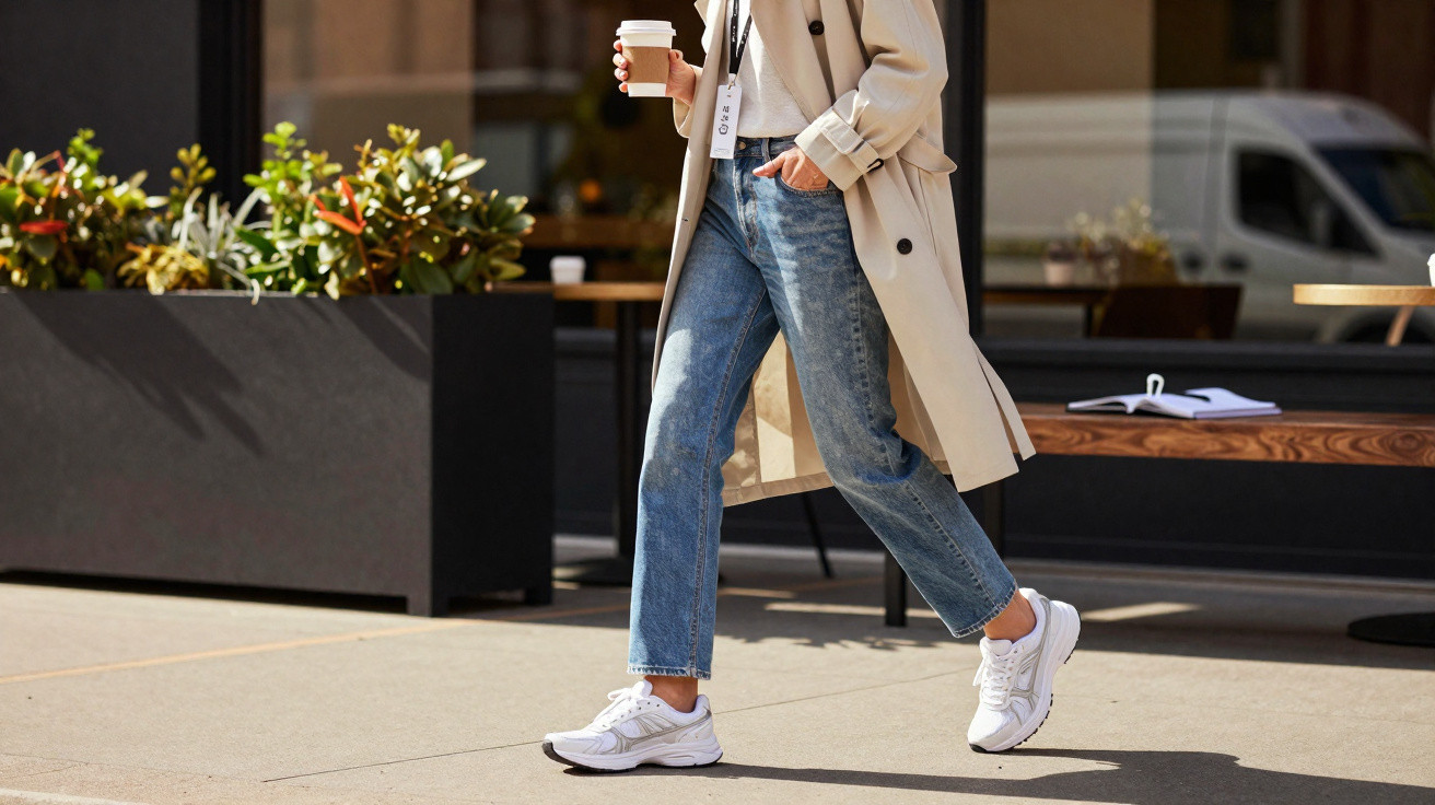 Pessoa caminhando com jeans, tênis branco e casaco bege, segurando copo descartável de café.