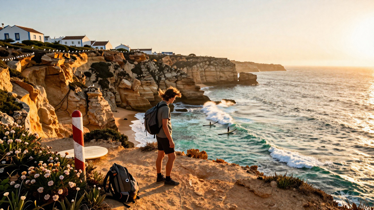 Pessoa de mochila observa surfistas em penhasco ao pôr do sol com casas ao fundo e flores na beira